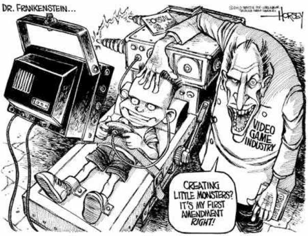 Political Cartoon. Violent video games turn children into monsters and zombies? Video game industry like Dr. Frankenstein? Freedom of Speech?