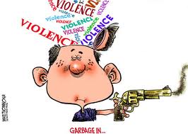 Garbage In, Garbage Out: A political cartoon about violence and medias influence. Smoking Gun.