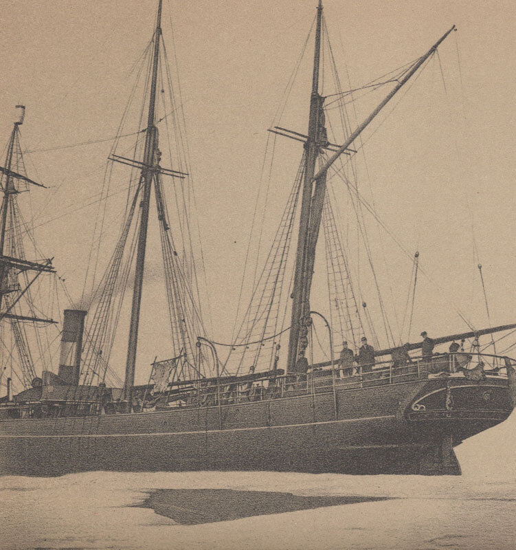 A three-masted steam relief ship, the Proteus, beset in pack ice with crew standing along her deck.