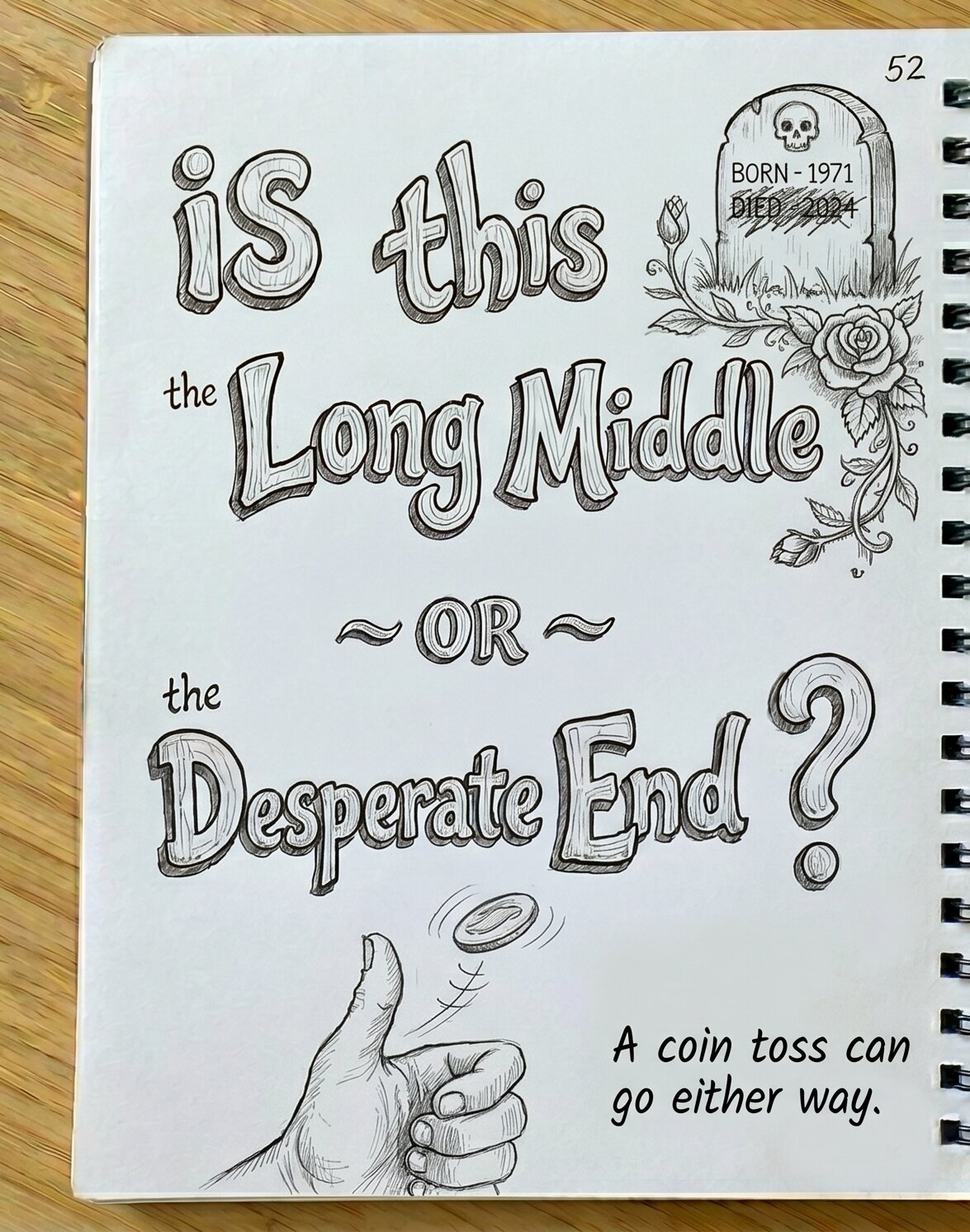 A hand-drawn journal panel lettered "Is this the Long Middle or the Desperate End?" above a thumb flipping a spinning coin, captioned "A coin toss can go either way."