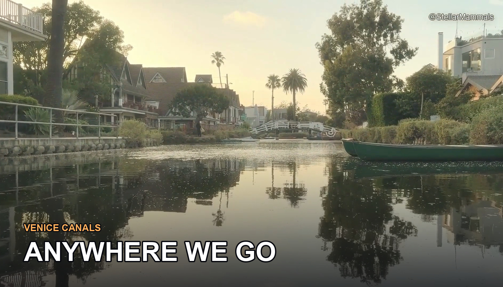 The Venice canals at golden hour, houses and palms mirrored in still water