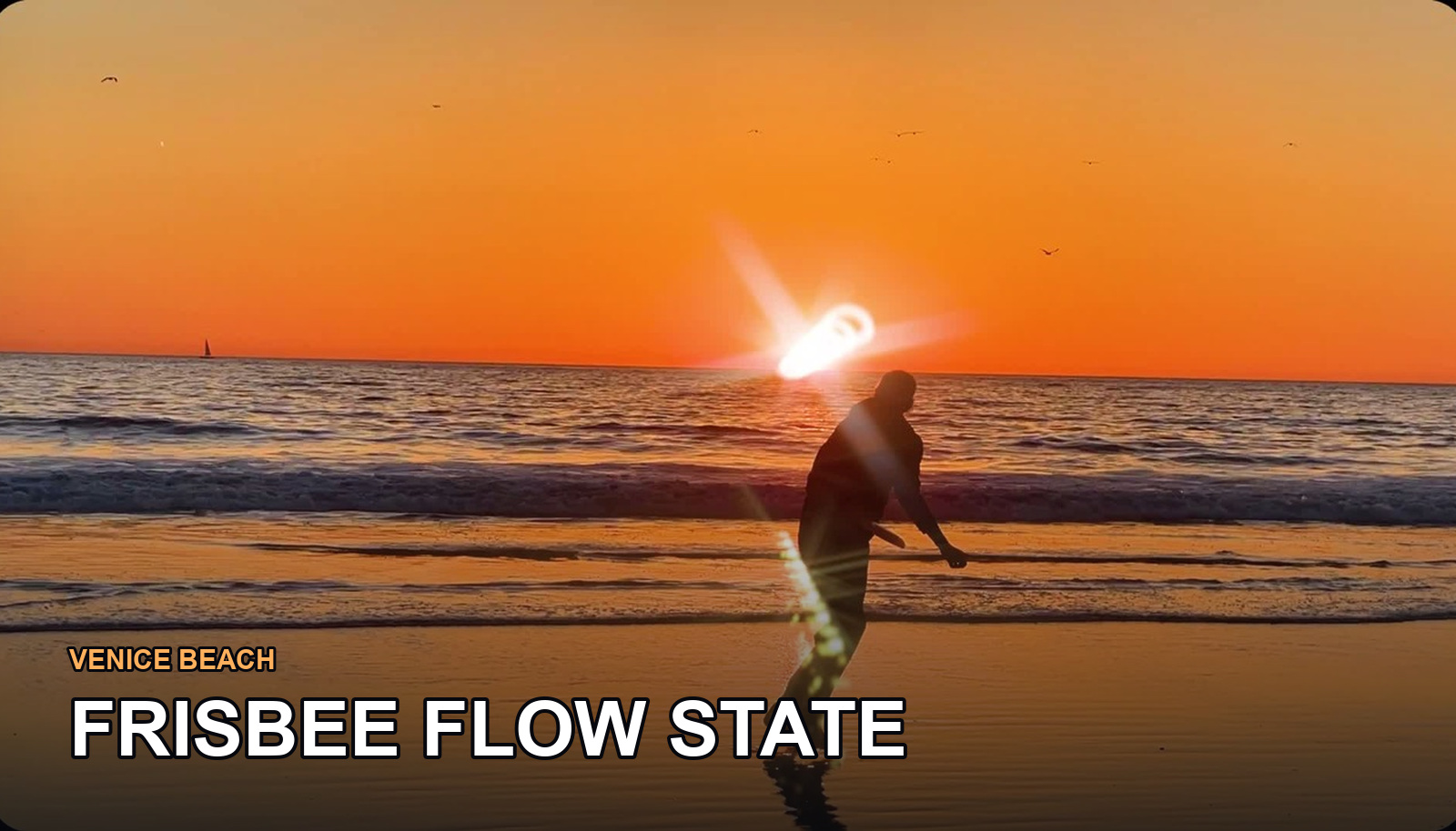 A figure throwing a frisbee into an orange sunset on Venice Beach